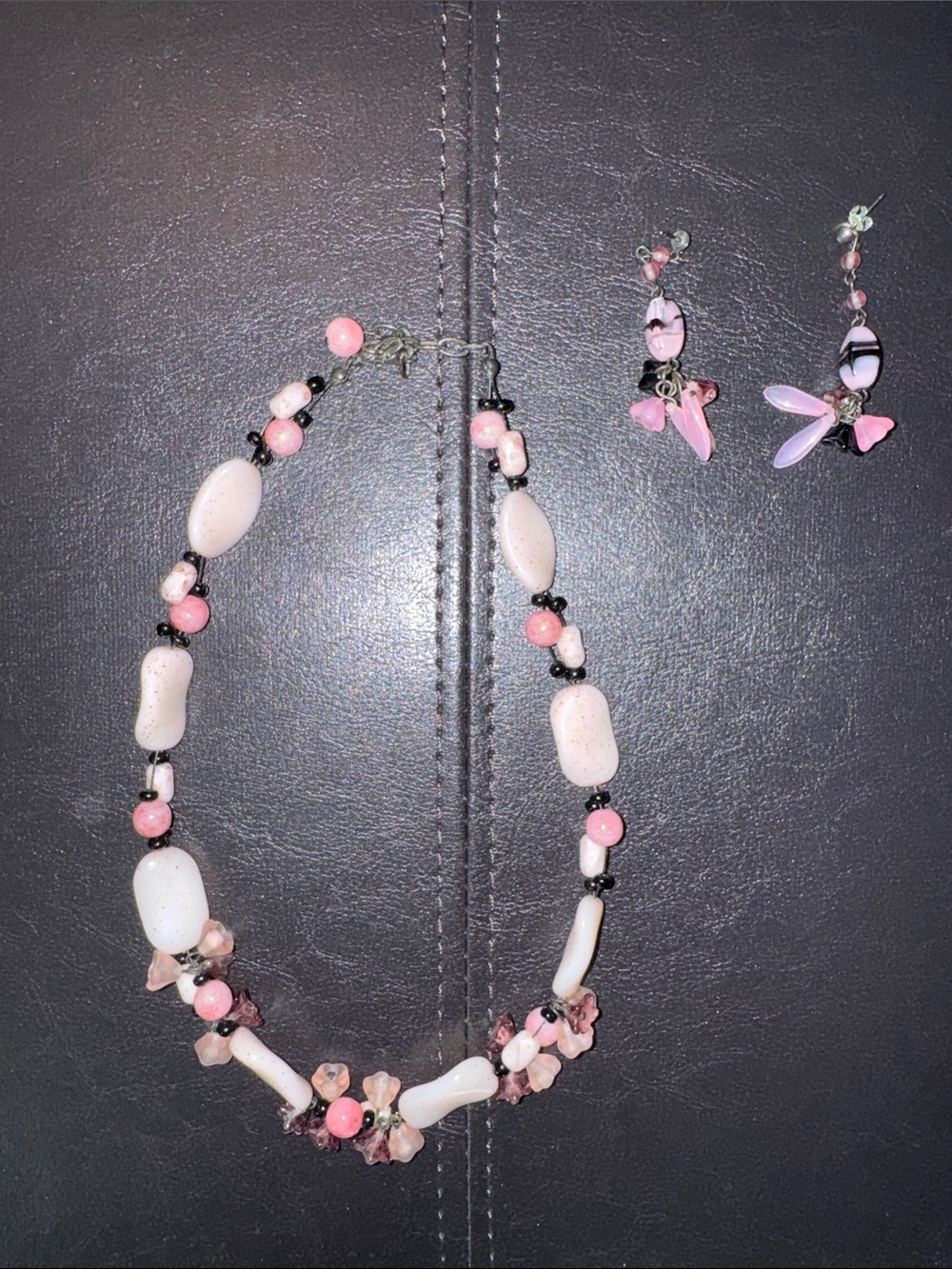 Handmade Pink Beaded Necklace and Earrings Set from Poland